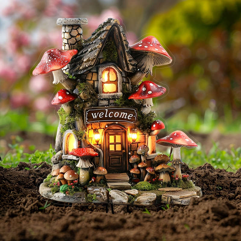 1pc 2D Flat    Acrylic Mushroom House Garden Insert Card Vibrant Red White Mushroom D