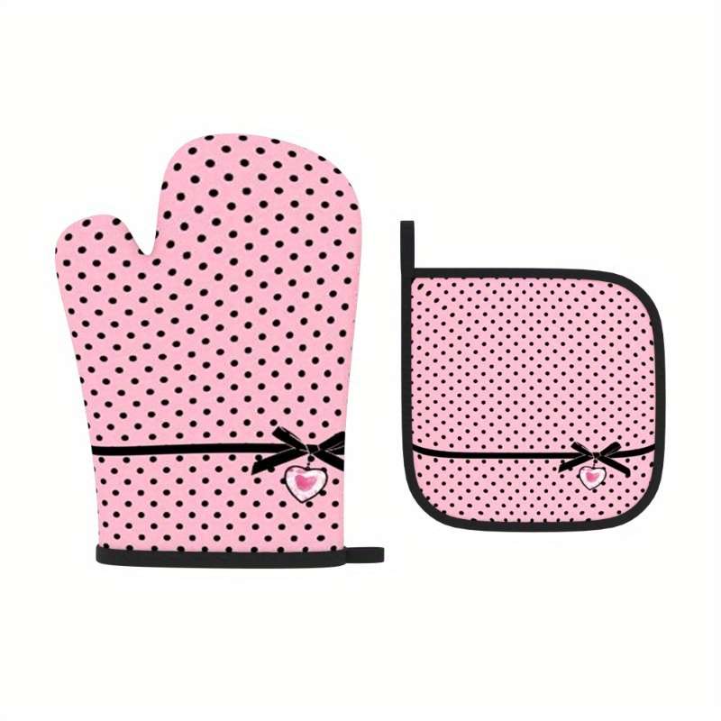 2pcs Chic Pink Polka Dot Oven Mitts Pot Holders with Heart Bow Detail Heat Resistant Machi