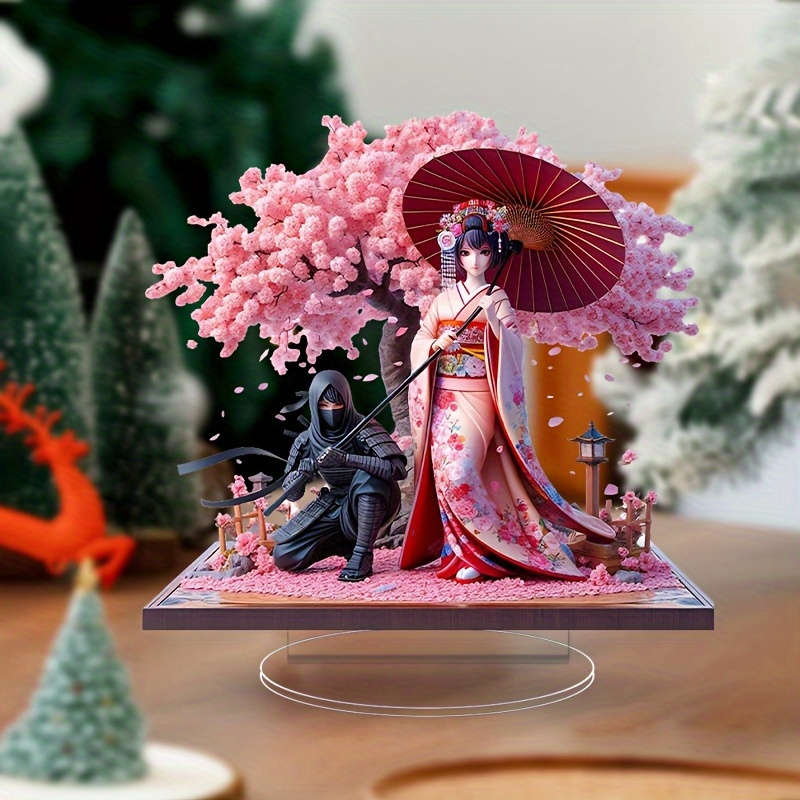 1pc 2D Flat  Design Acrylic Tabletop Statue Anime Style Cherry Blossom Tree with Ninja Phantom Vi