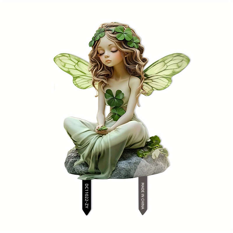 1pc 2D Flat Plants Theme Butterfly Wing Girl Four-Leaf Clover Design Garden Decor
