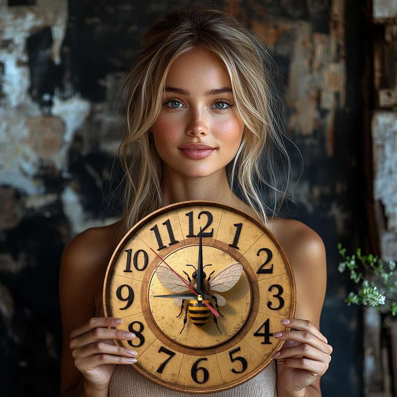 1pc Vintage Bee-Themed Wooden Round Wall Clock Silent Non-Ticking Farmhouse Decor for Kitchen Be