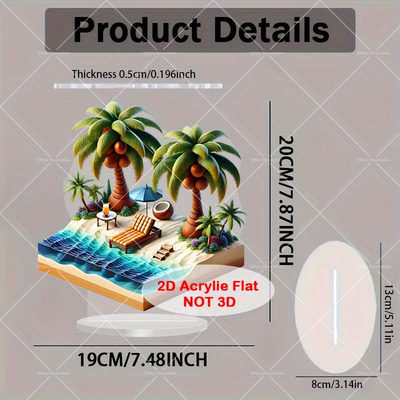1pc 2D Flat  Vibrant Tropical Island  Acrylic Desk Decor Serene Beach Scene with Lounger Palm