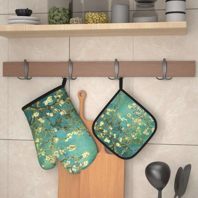 2pcs Blooming Almond Tree Branches Oven Mitt Set Heat Resistant Polyester Kitchen Gloves and P