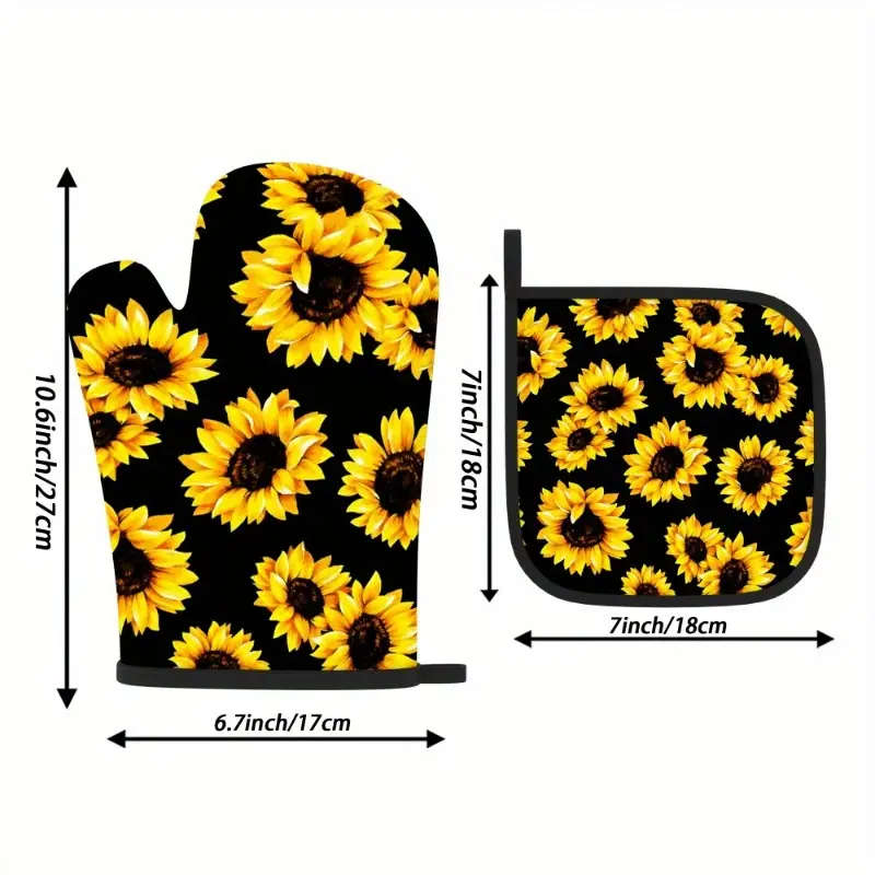 2pcs Sunflower Oven Mitt Set Heat Resistant Polyester Kitchen Gloves and Potholders Woven Machine Wa