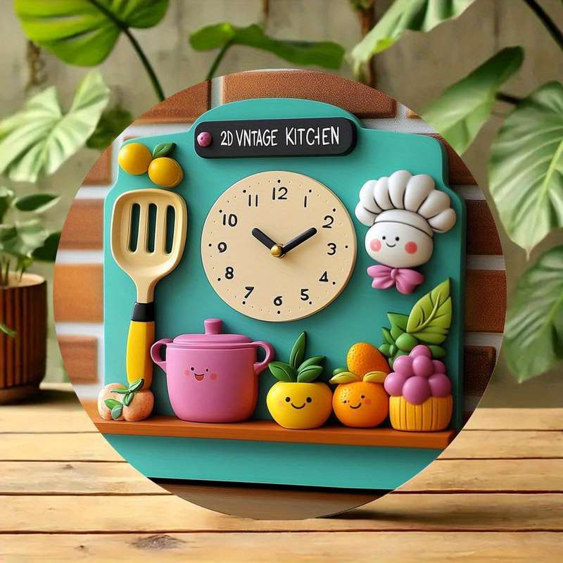 1pc 2D Retro Kitchen Wall Clock Vintage-Inspired Aluminum Decor with Playful Kitchen Not real clock