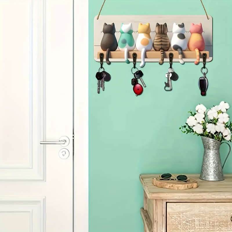 A 2D Whimsical Cat Silhouette Keychain with 4 One Metal Hooks-Colorful Wall-Mounted Wood Artwork Pe