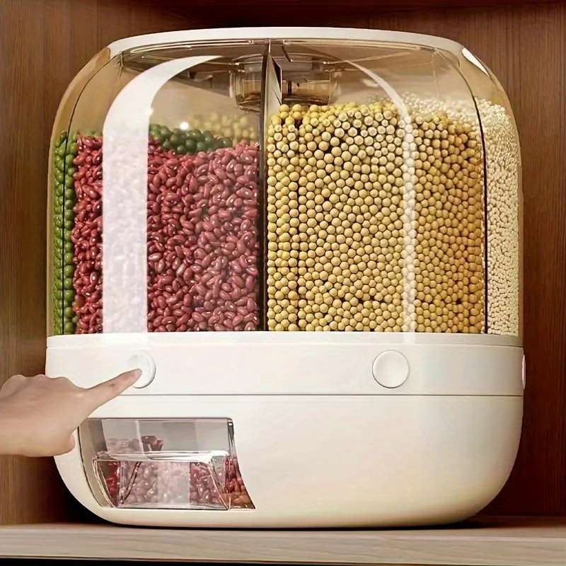 6-Compartment Rotating Rice Bucket with Transparent Lid Large Capacity Grain Storage Containe
