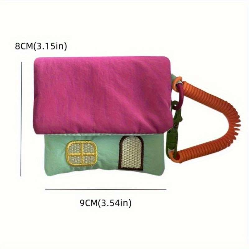 1pc Cute House-Shaped Keychain Pouch Mini Polyester Storage Bag with Rope Closure Pastel Colors