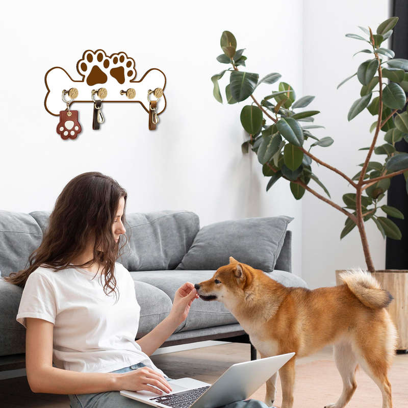 1pc Charming Wooden Dog Paw  Bone Design Wall Hanger with 4 HooksKey  Leash Organizer Perfect