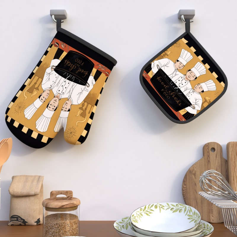 2pcs Chef-Themed Oven Mitts Pot Holders Heat-Resistant Durable Polyester Machine Washable