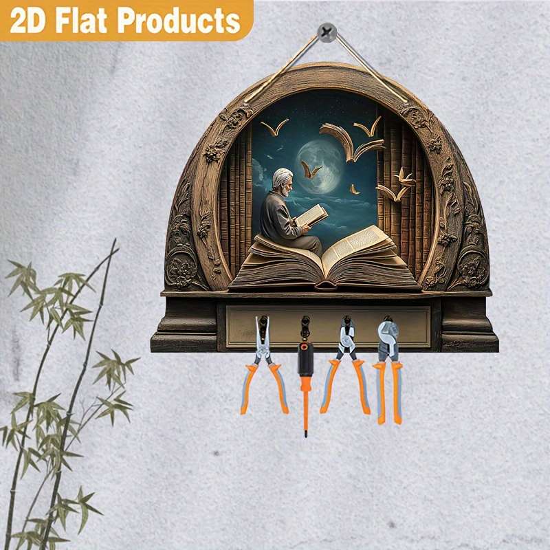 2D Flat 2D Plane 1pc Old for Man Reading Wooden Key Rack Simple and Colorful Design with Four M