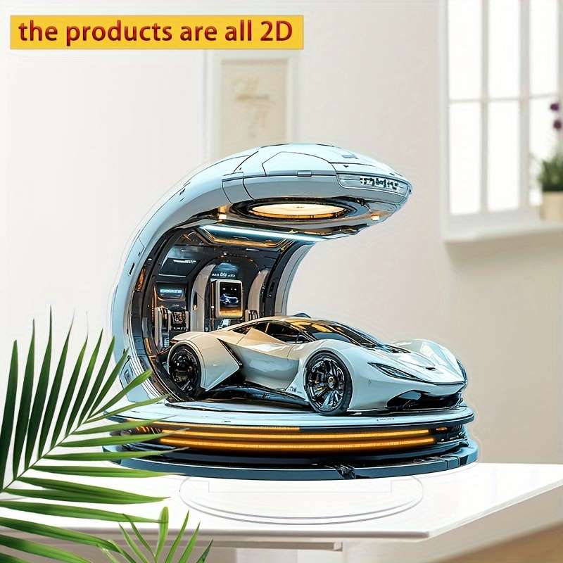 1pc 2D Flat  Bohemian  Acrylic Sports Car Gas Station Decorative Sign with Stand Sleek White