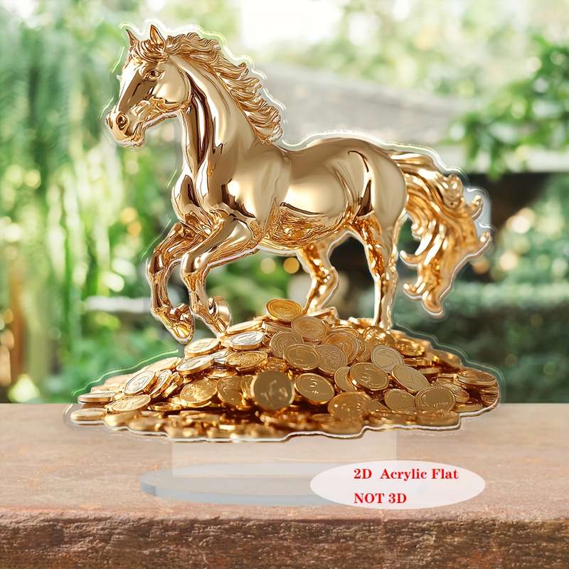 1pc 2D Flat   Elegant Bohemian Style Golden Acrylic Horse Statue with Money Stand 19.99 cm Tal