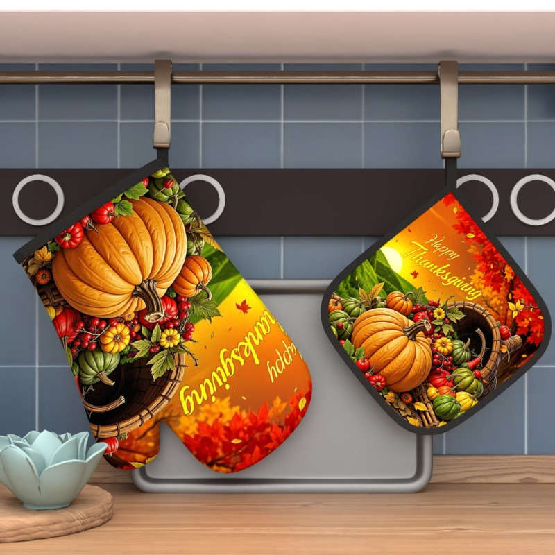 2pcs Autumn Harvest Heat-Resistant Oven Mitts 26.92x17.02 cm Vibrant Pumpkin Vegetables De