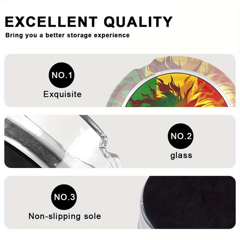1pc Lion King Glass Ashtray with Non-Slip Base Vibrant Red Yellow Green Design Crystal Clear Rou