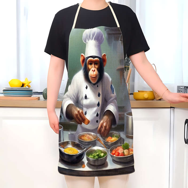 1pc Creative Monkey Chef Pattern Apron Adjustable Straps Durable Polyester Kitchen Cooking Bi