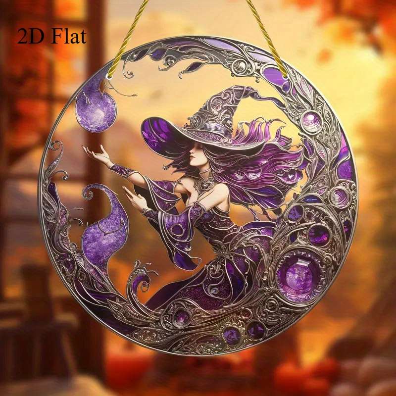 1pc 2D Flat   5.99cm Round HD Magic Witch Window Hanger Perfect Gift for Halloween Sisters o