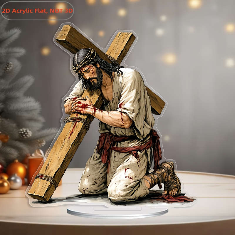 1pc 2D Flat   Acrylic Jesus Crucifixion Desk Statue with Detailed Blood-Stained Clothing Design