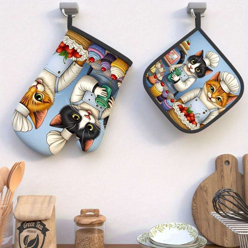 2pcs Cute Cat Chef Oven Mitts Heat Resistant 10.6x6.7 Inch Polyester Kitchen Gloves for Cook