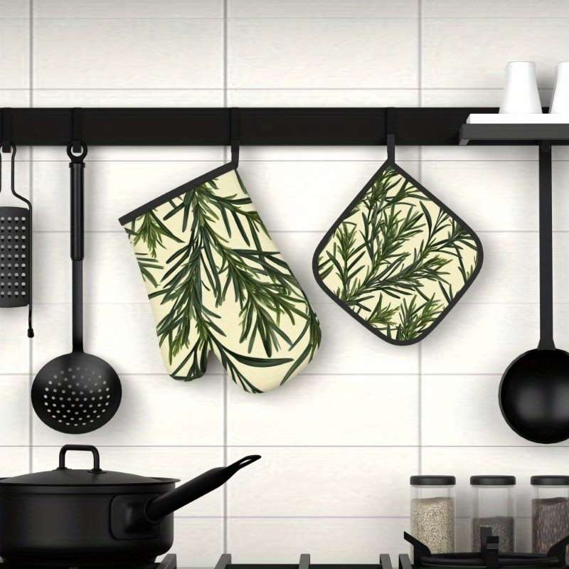 2pcs Botanical Print Oven Mitts Pot Holders Heat-Resistant 26.92x17.02cm Green Plant Desi