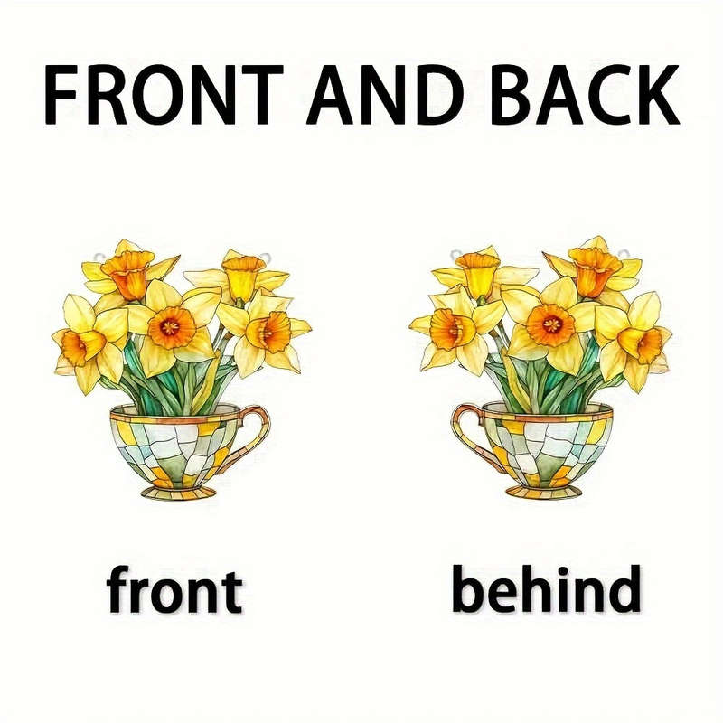 1pc 2D Flat  20.32cm x 20.32cm Acrylic Daffodil Tea Cup Wall Hanging Vibrant Yellow Orange Flora