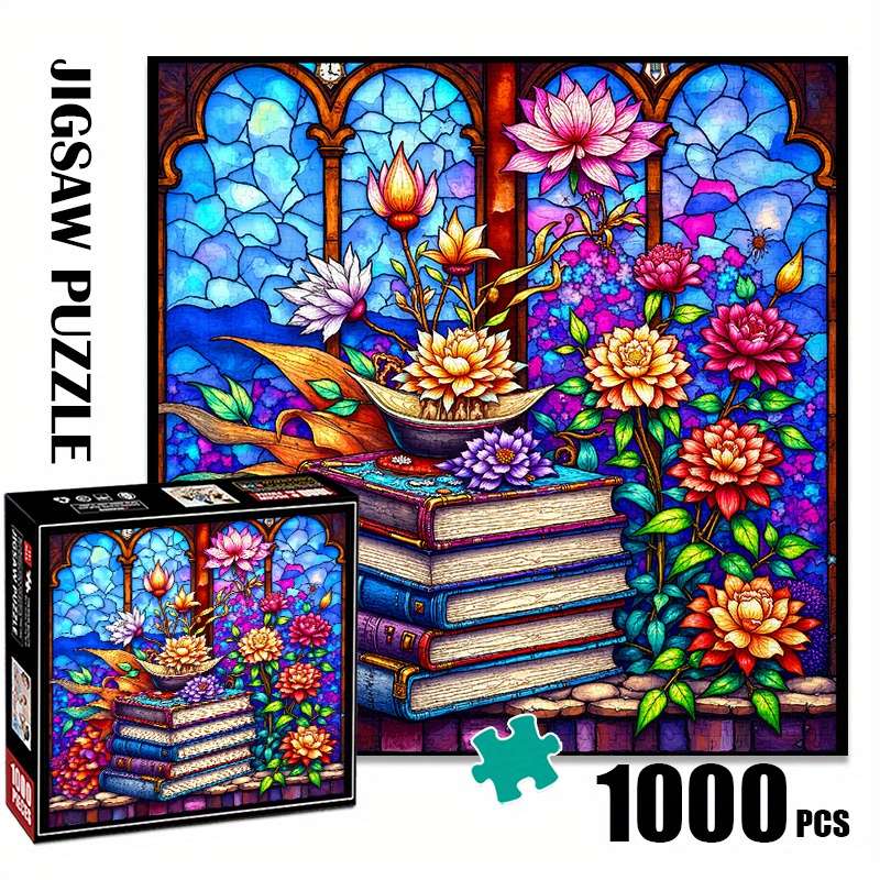 1000pcs Stained Glass Book Stack Jigsaw Puzzle for Adults Advanced Level Anti-Scr