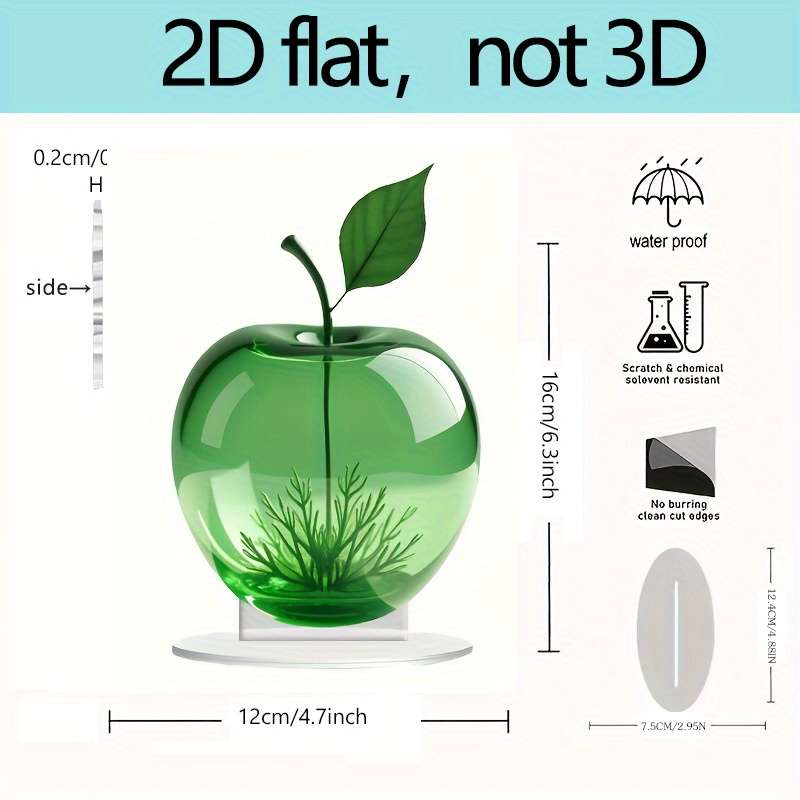 1pc 2D Flat   Acrylic Apple Ornament with Green Leaf Design Nordic Style Desk Decor for Office