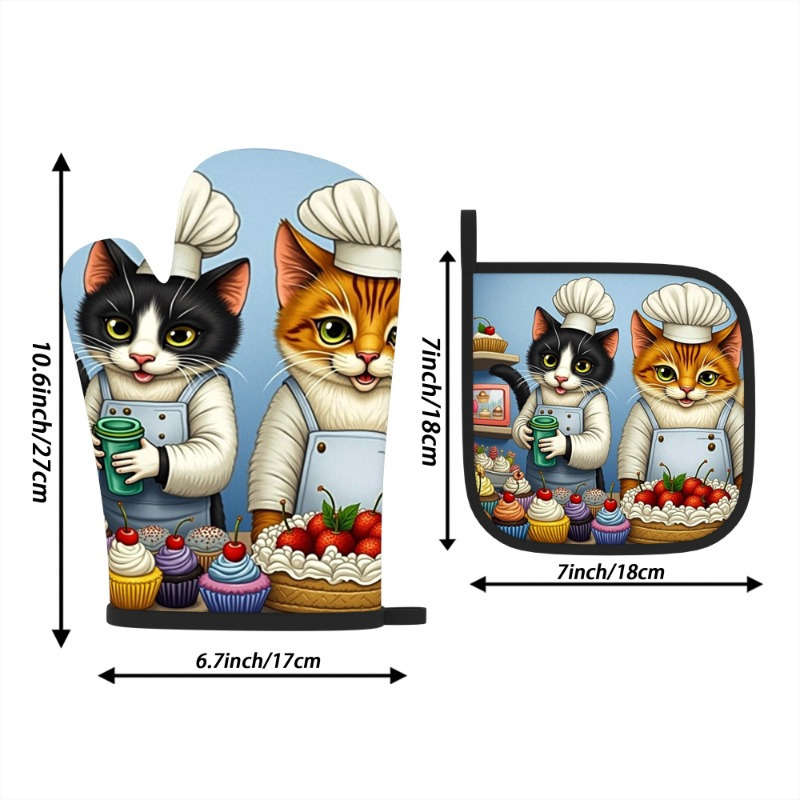2pcs Cute Cat Chef Oven Mitts Heat Resistant 10.6x6.7 Inch Polyester Kitchen Gloves for Cook