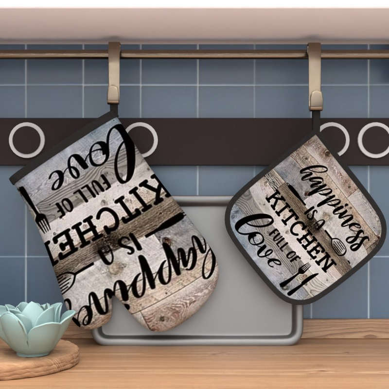 2pcs Heat Resistant Oven Mitts 2pcs Rustic Wooden Design Polyester Oven Mitts and Pot Holders