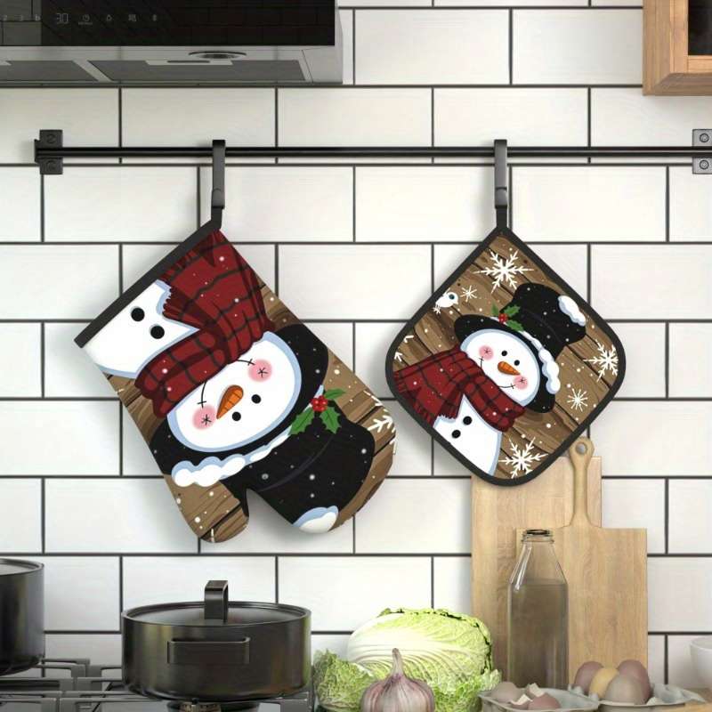 2pcs Christmas Snowman Oven Mitts Heat Resistant 26.92x17.02 cm Festive Snowman Snowflake