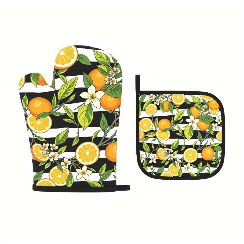 2pcs Heat-Resistant Oven Mitts and Potholders 26.92x17.02 cm Vibrant Orange Black Striped