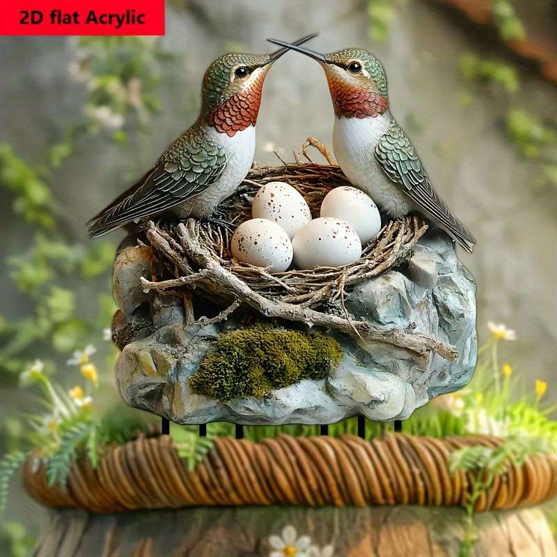 1pc 2D Flat Charming  Acrylic Hummingbird Garden Stake with Lifelike Birds Eggs Rustic Outdoor D