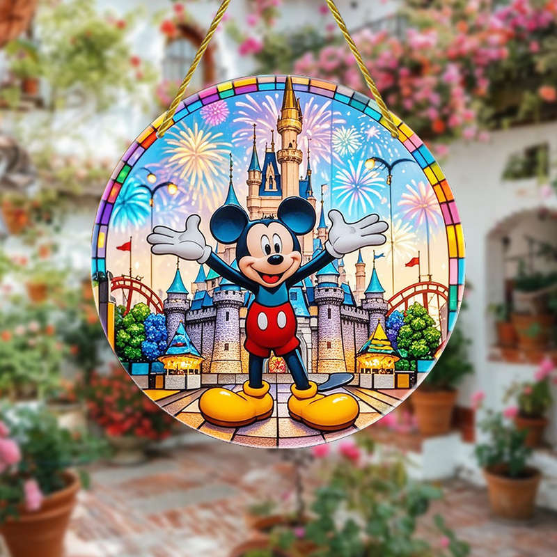 1pc 2D Flat  Gardening Light Catcher Mickey Theme Round Acrylic Suncatcher 5.91x5.91 Inch Staine
