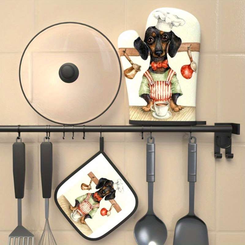 2pcs Cute Dog Chef Cartoon Oven Mitts and Pot Holders Heat Resistant Polyester Machine Wash