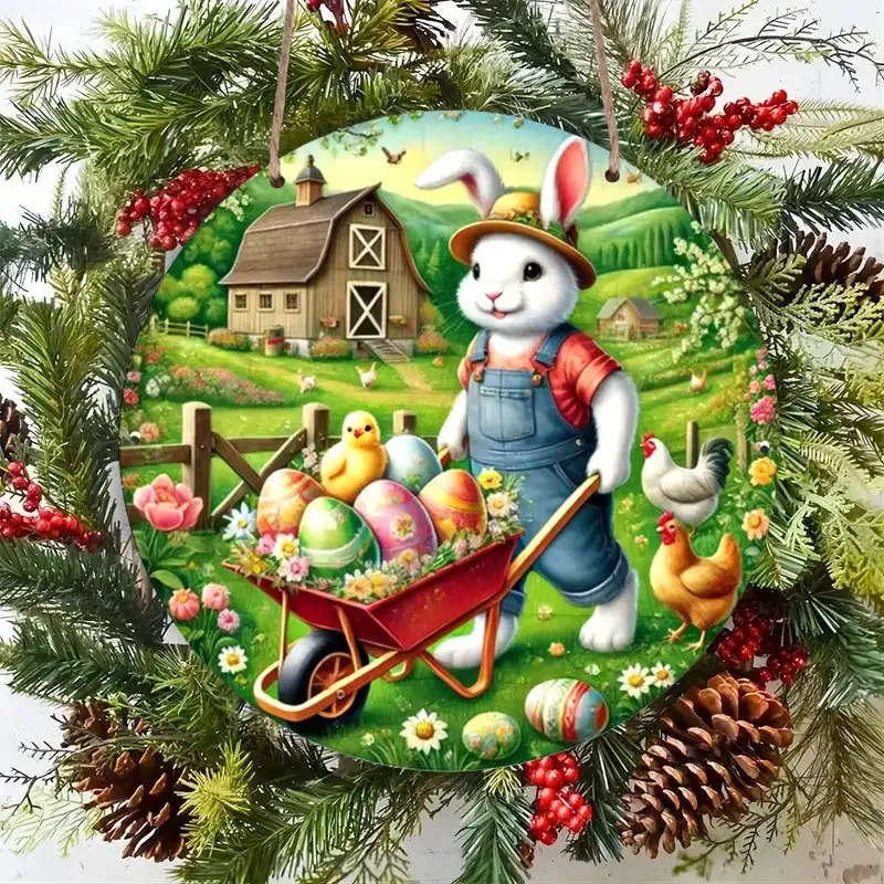 1pc Easter Bunny Delivery Theme Round Wooden Sign 2D Flat Printed Wall Hanging Plaque for Home Kitch