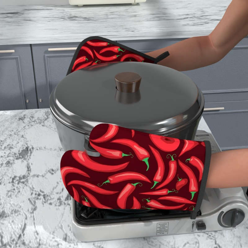 2pcs Red Chili Pepper Oven Mitts Woven Polyester Potholders Heat-Resistant up to 500F Machi