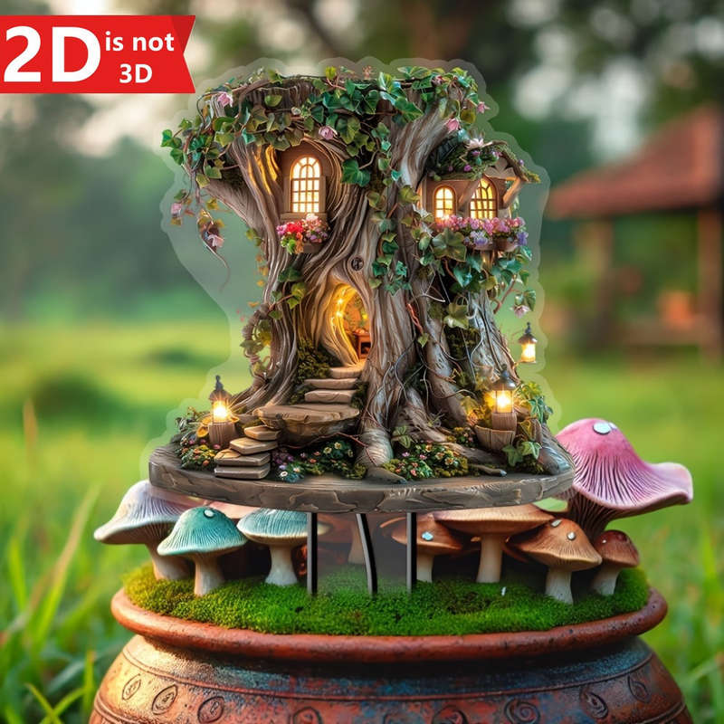1pc 2D Flat   Magic Bohemian Fairy Tree House Garden Stake  Acrylic Decor with Glowing Wind