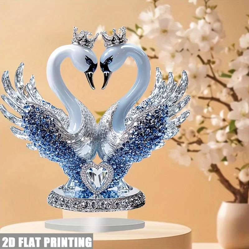 1pc 2D Flat   Ornate Style Acrylic Swan Statue with Heart Shaped Crown Romantic Desktop Decorat