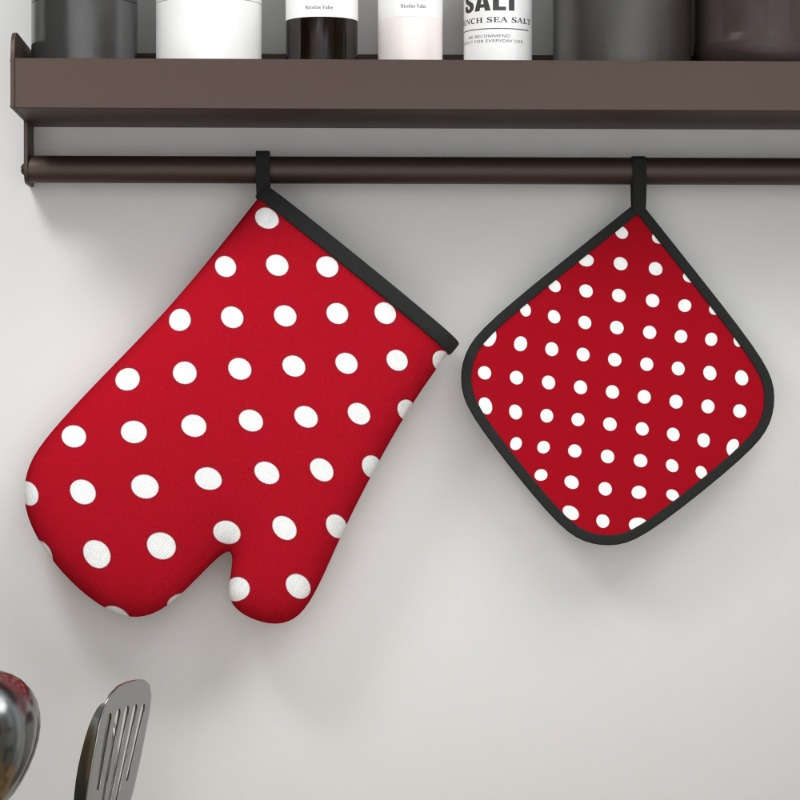 2pcs Chic Red White Polka Dot Oven Mitts 26.92x17.02 cm Heat Resistant Polyester Gloves fo