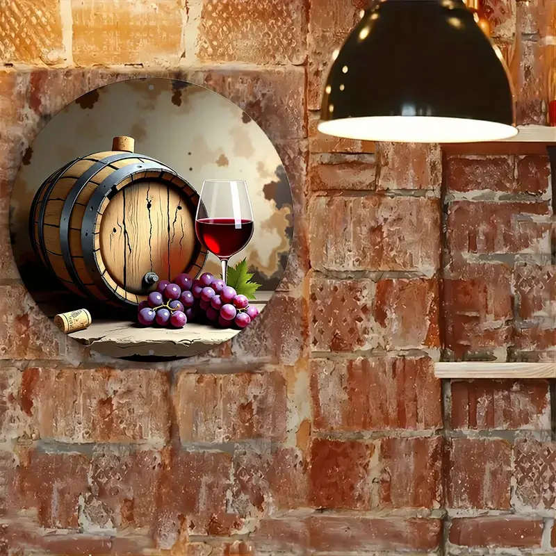 1pc 8-Inch Round Aluminum Sign Rustic Red Wine Wooden Barrel Design with Grapes Ideal for Holiday De