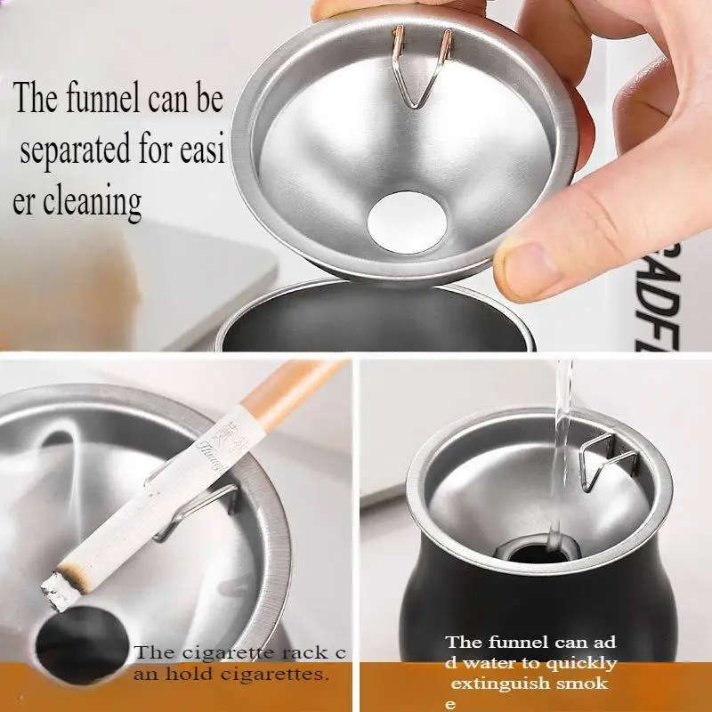 1pc Stainless Steel Ashtray with Lid Skull Pattern Windproof Anti-Fly Ash Creative Funnel Design
