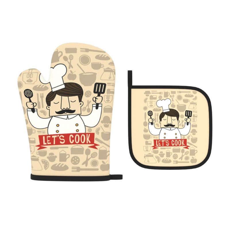 2pcs Master Chef Kitchen Oven Mitts and Potholders Set 26.92x17.02 cm Heat Resistant Polyeste