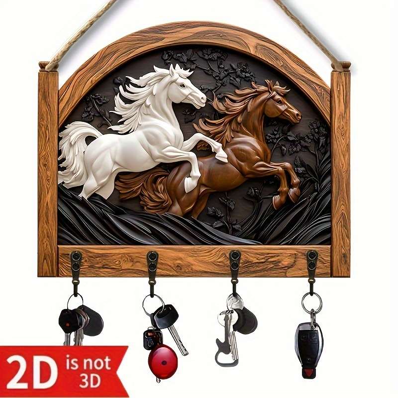 2D Flat 1pc Galloping Horse Simple Colorful Wooden Key Rack with Four Metal Hooks Wall Decoration