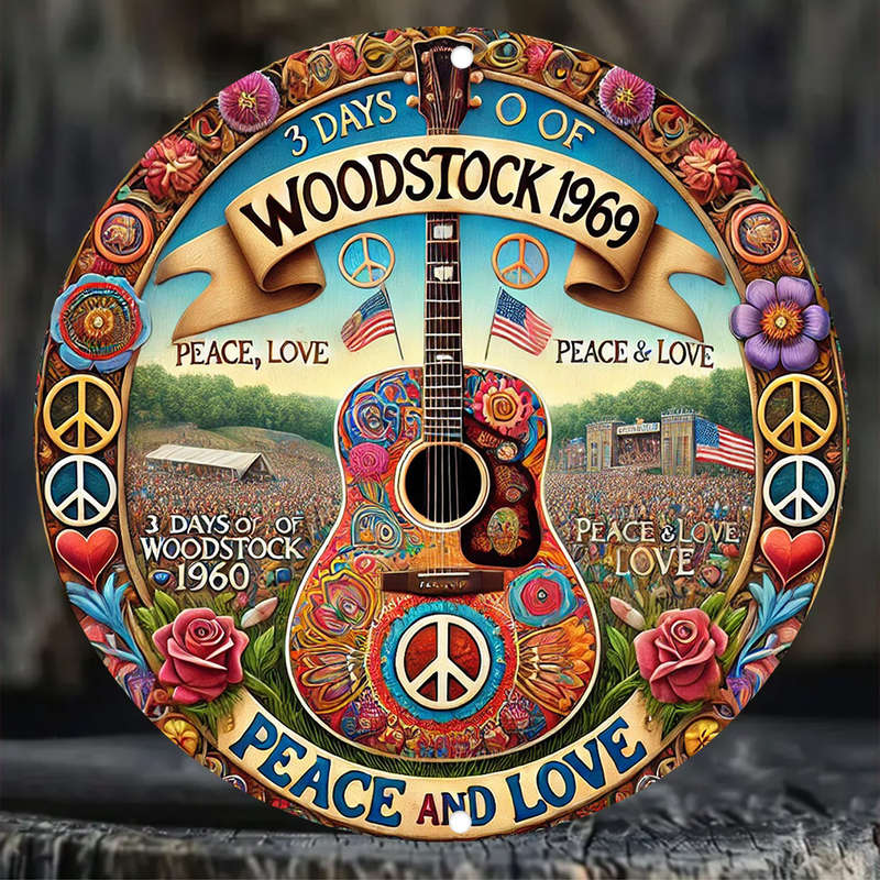 1pc 2D Flat Woodstock Music Festival Hippie Peace Sign Art Retro Round Tin Sign Vintage Wall Dec
