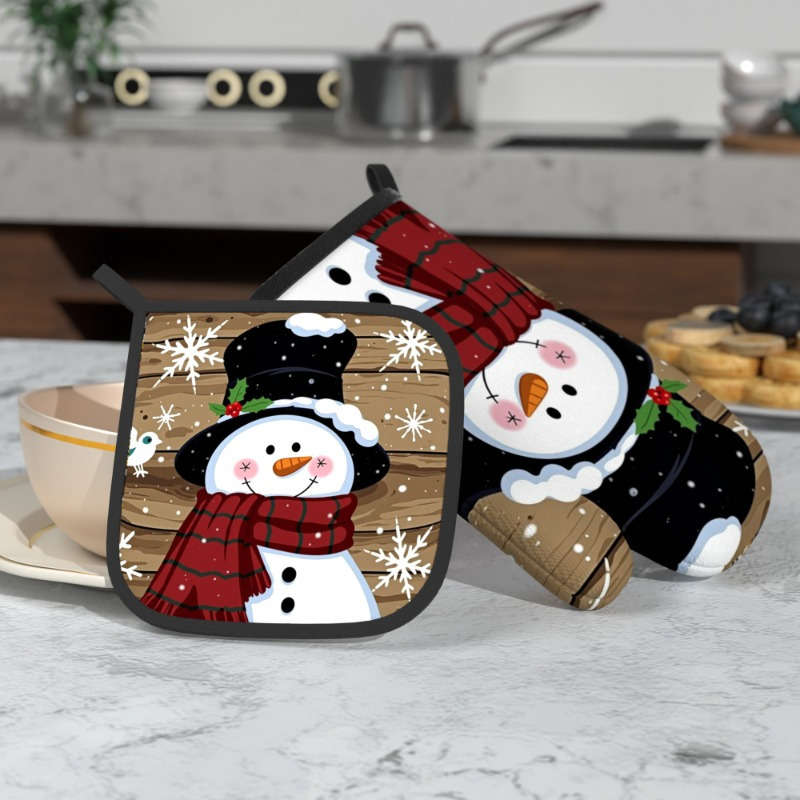 2pcs Christmas Snowman Oven Mitts Heat Resistant 26.92x17.02 cm Festive Snowman Snowflake