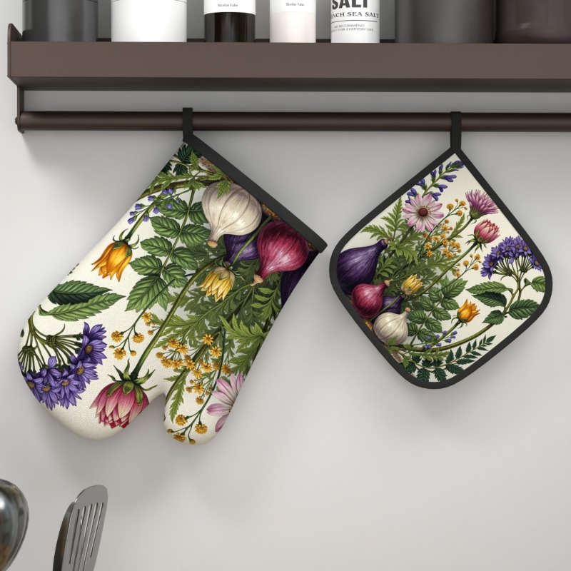 2pcs Watercolor Floral Polyester Oven Mitts Heat Resistant Woven Potholders for Kitchen Decor