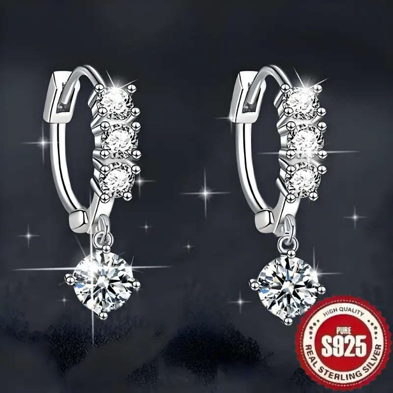 925 Silver, Earrings with Inlaid with Round Synthetic Zirconia