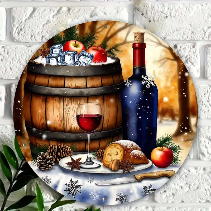 1pc Painting of a Bottle of Wine And a Glass of Wine on Wreath Sign 8-Inch Round Aluminum Sign Perfe
