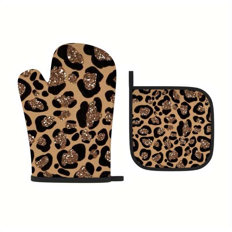 2pcs 10.6x6.7 Inch Oven Mitts Pot Holders Leopard print sparkles Heat Resistant Oven Mitts And