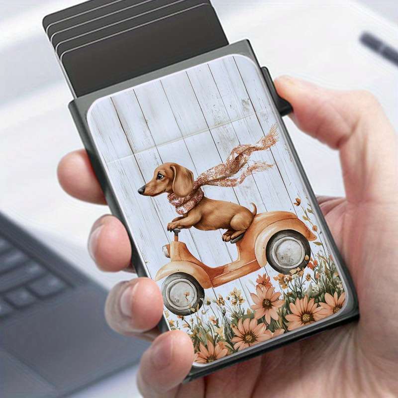 1pc Dachshund on Scooter Pattern Metal Wallet with Pop-Up Card Holder Casual Style Slim Busine